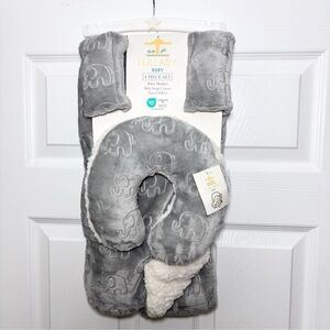 Lullaby Baby 4-Piece Gray Elephant Set‎ Baby Blanket Travel Pillow Belt strap